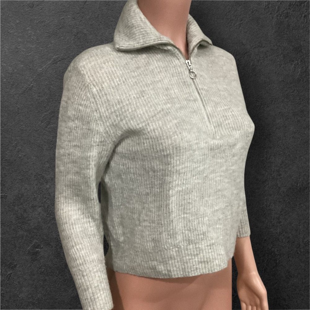 Quince Light Gray Alpaca Wool Quarter Zip Ribbed Sweater 3/4 Sleeves Size Small - Picture 3 of 8